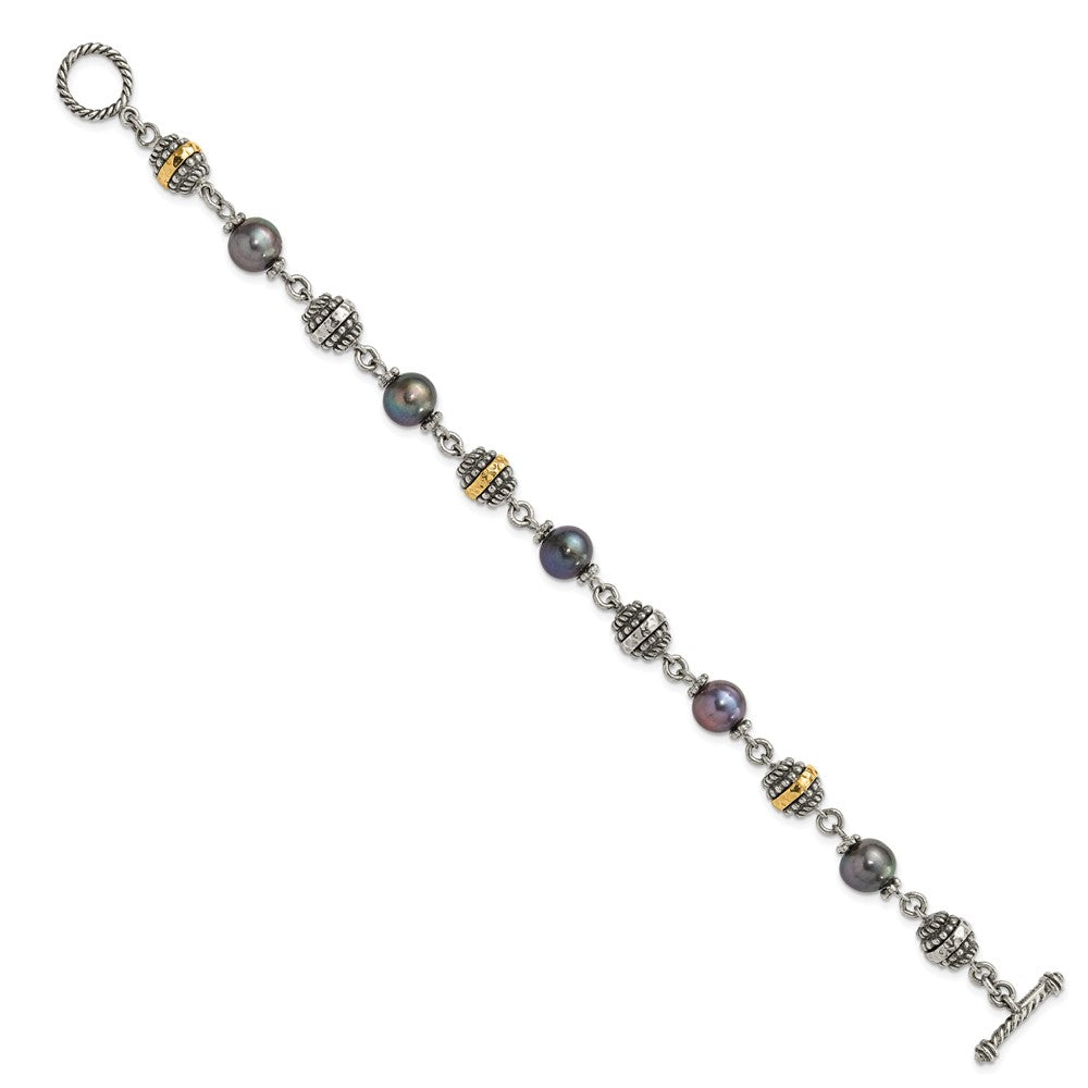 14K/Silver Two Tone Sterling Silver 14Ky Accent Polished & Antiqued Freshwater Cultured Black Pearl Bracelet