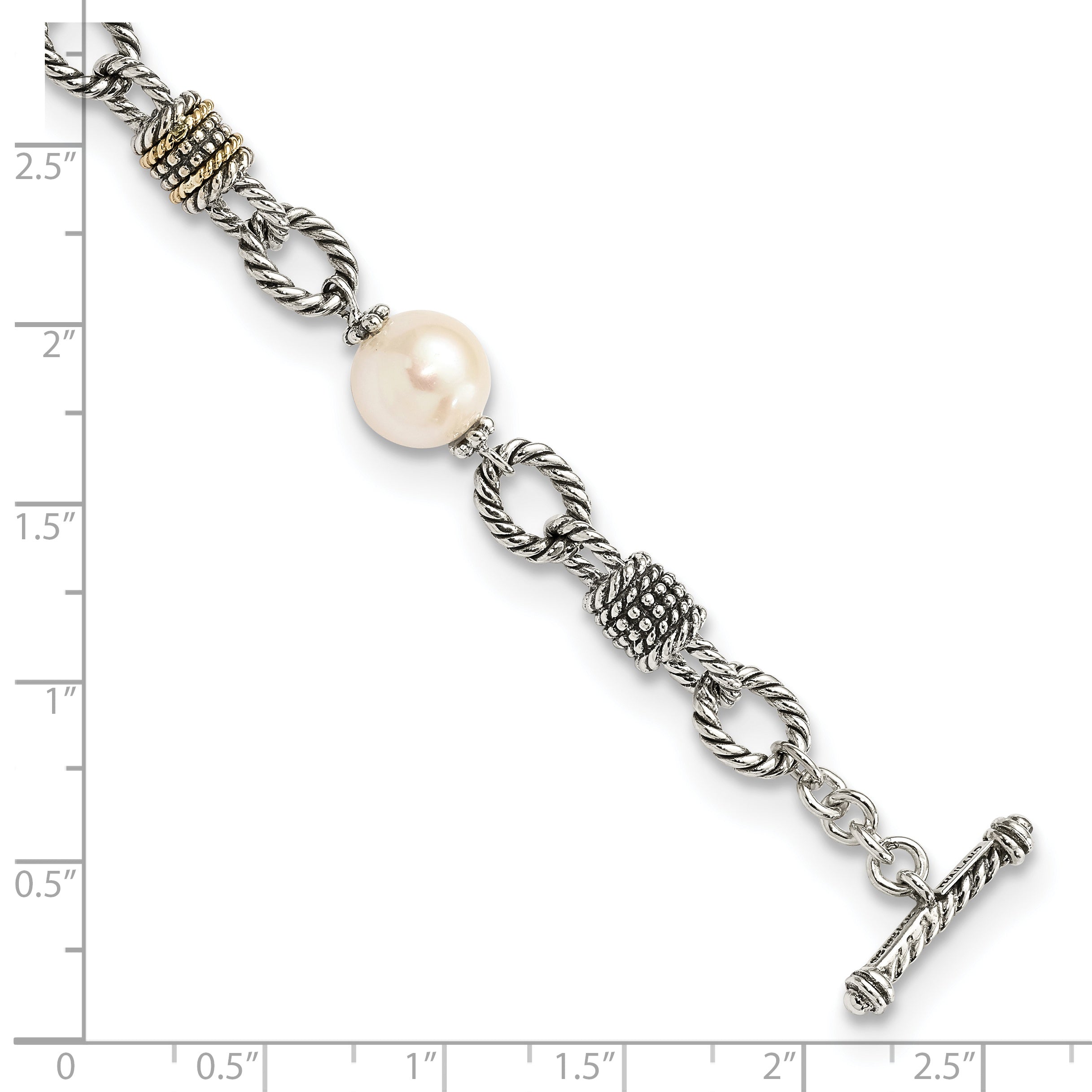 14K/Silver Two Tone Shey Couture Sterling Silver With 14K Accent 7.5 Inch Antiqued 10 10.5mm Freshwater Cultured Pearl Bracelet
