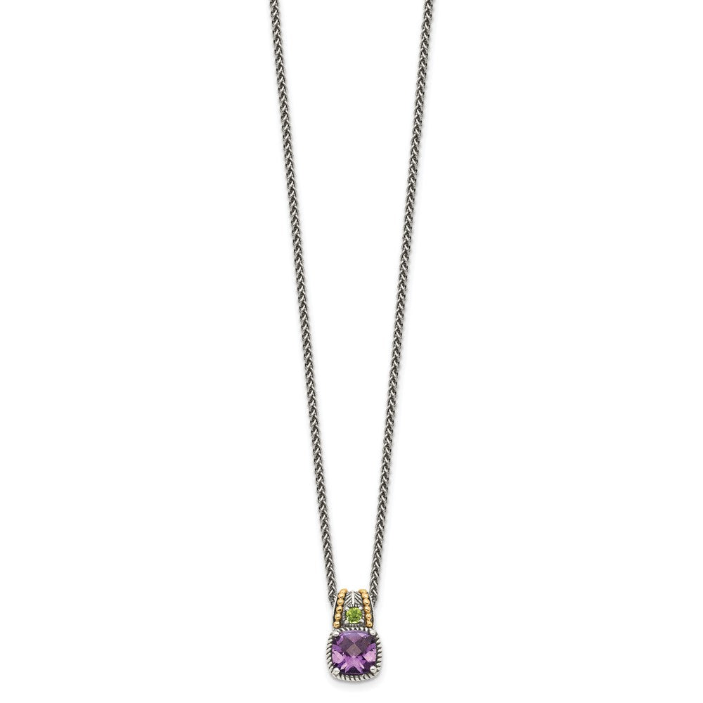 14K/Silver Two Tone Shey Couture Sterling Silver With 14K Accent 18 Inch Antiqued Cushion 1.85 Amethyst And .21 Peridot Necklace