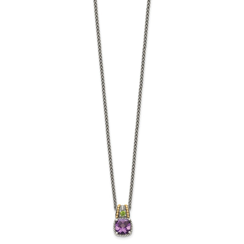 14K/Silver Two Tone Shey Couture Sterling Silver With 14K Accent 18 Inch Antiqued Cushion 1.85 Amethyst And .21 Peridot Necklace