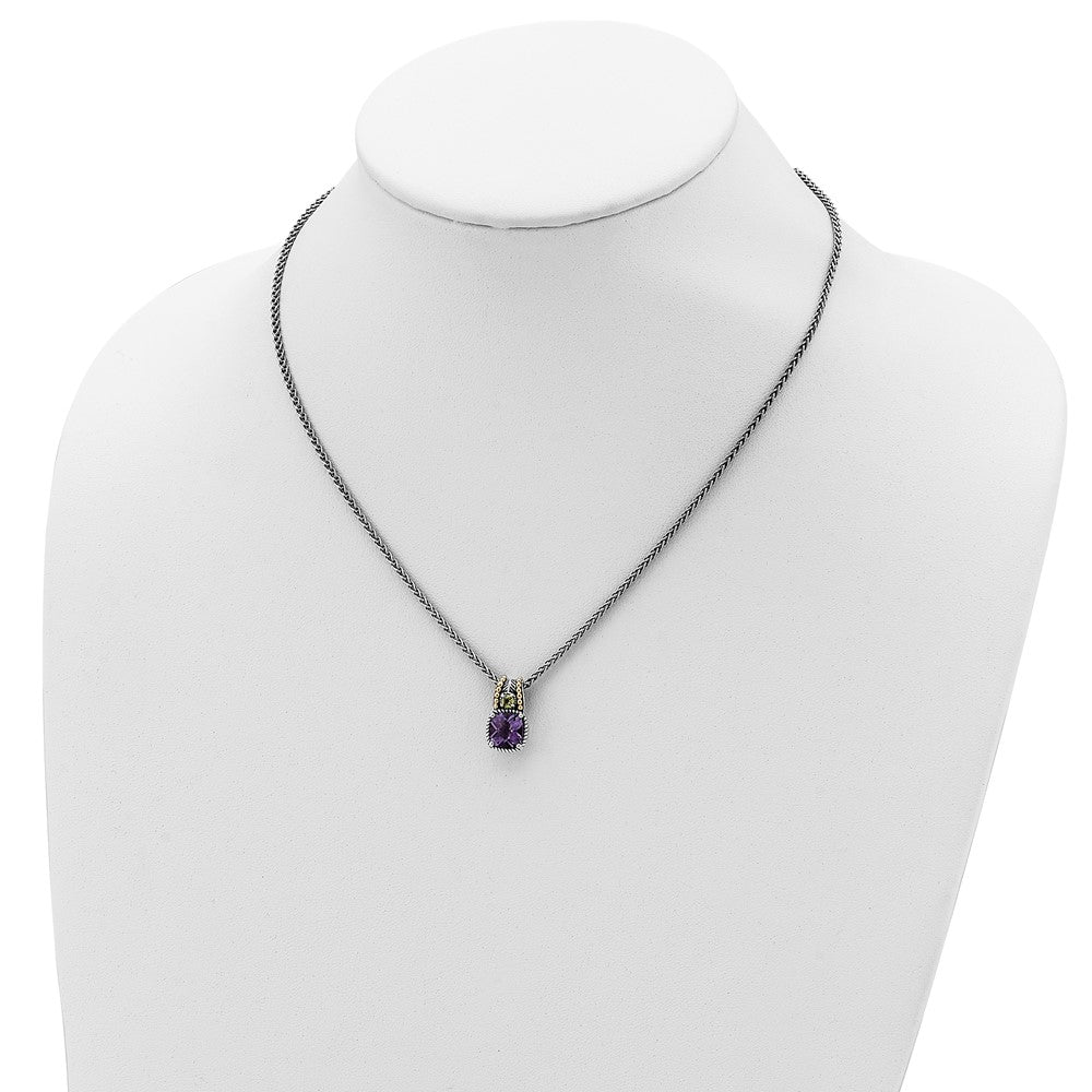 14K/Silver Two Tone Shey Couture Sterling Silver With 14K Accent 18 Inch Antiqued Cushion 1.85 Amethyst And .21 Peridot Necklace