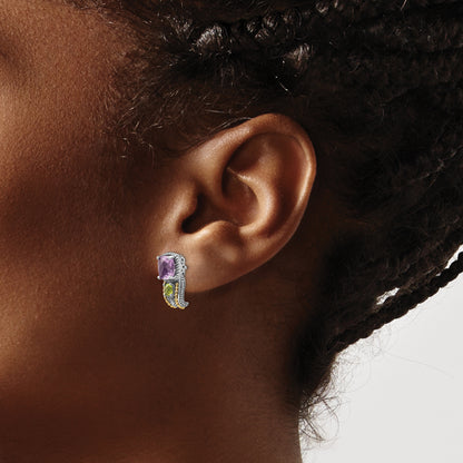 14K/Silver Two Tone Shey Couture Sterling Silver With 14K Accent Antiqued Cushion 1.50 Amethyst And .24 Peridot Post Earrings