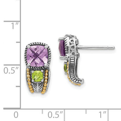 14K/Silver Two Tone Shey Couture Sterling Silver With 14K Accent Antiqued Cushion 1.50 Amethyst And .24 Peridot Post Earrings