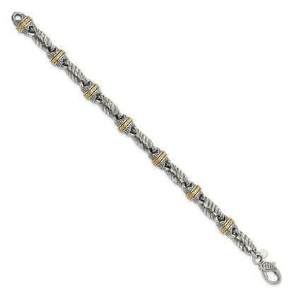 14K/Silver Two Tone Sterling Silver 14Ky Accent Polished & Antiqued Link Bracelet