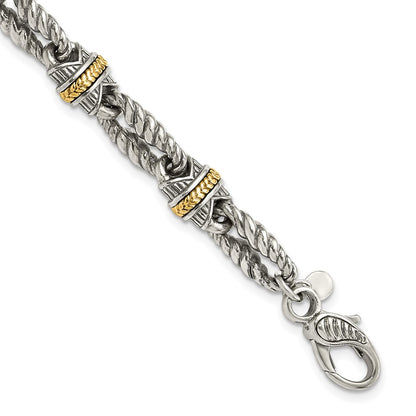 14K/Silver Two Tone Sterling Silver 14Ky Accent Polished & Antiqued Link Bracelet
