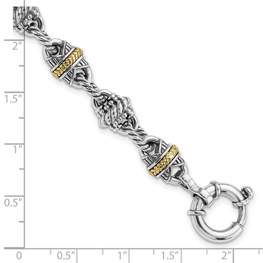 14K/Silver Two Tone Sterling Silver 14K Accent Antiqued Fancy Link Bracelet