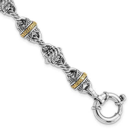 14K/Silver Two Tone Sterling Silver 14K Accent Antiqued Fancy Link Bracelet