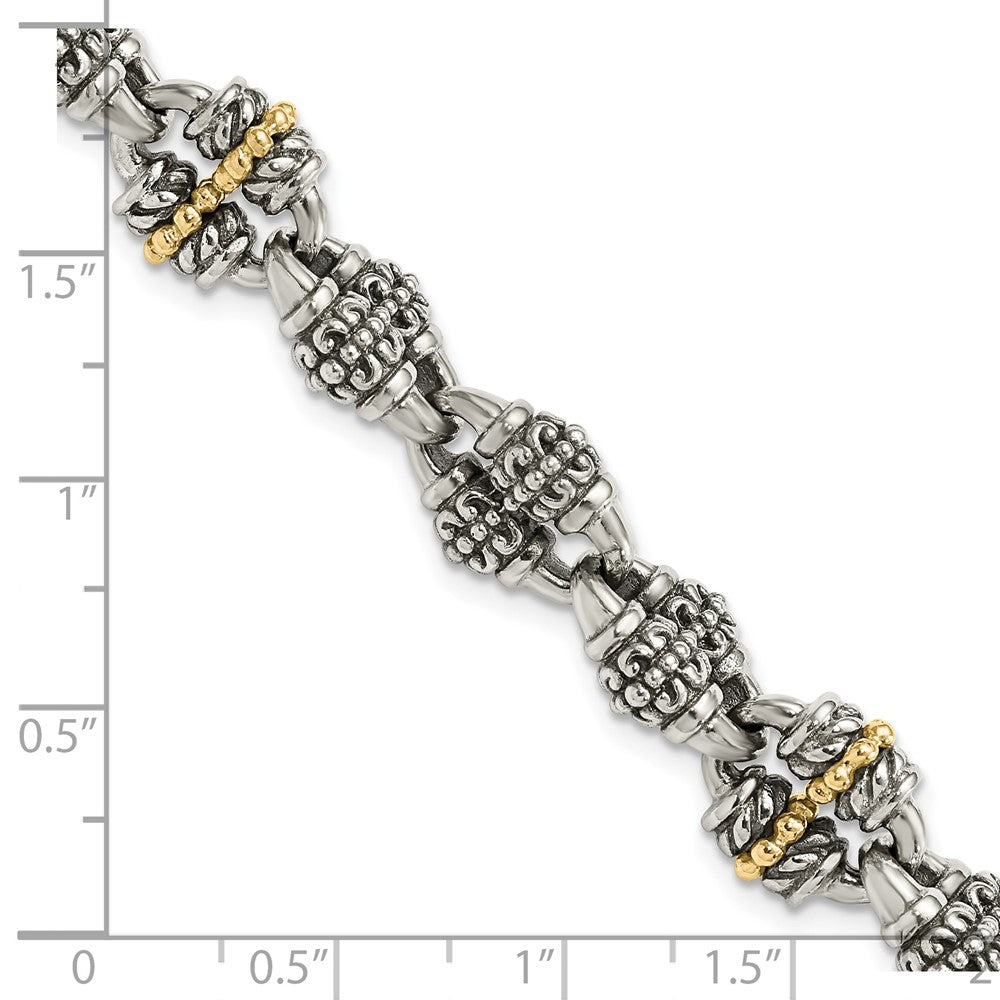 Sterling Silver w/14K/Silver Two-Tone Accent Antiqued Beaded Fancy Link Bracelet