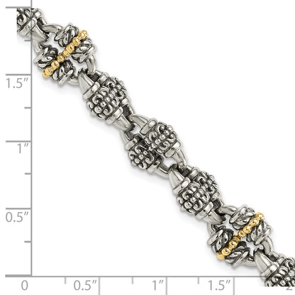 Sterling Silver w/14K/Silver Two-Tone Accent Antiqued Beaded Fancy Link Bracelet