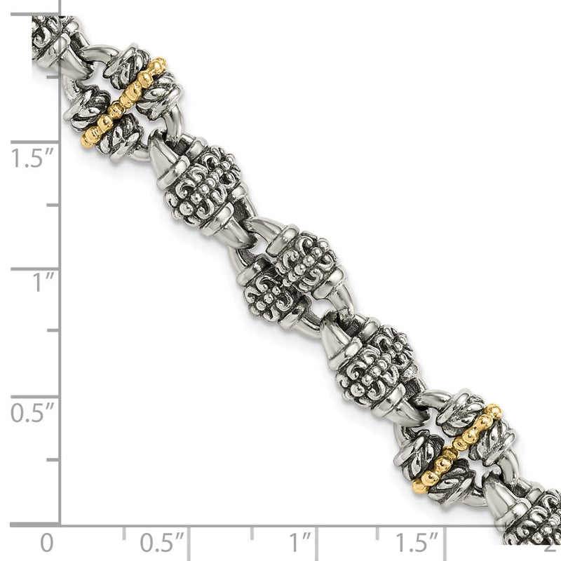 Sterling Silver w/14K/Silver Two-Tone Accent Antiqued Beaded Fancy Link Bracelet