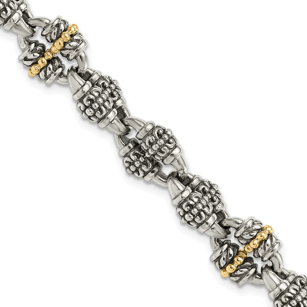 Sterling Silver w/14K/Silver Two-Tone Accent Antiqued Beaded Fancy Link Bracelet