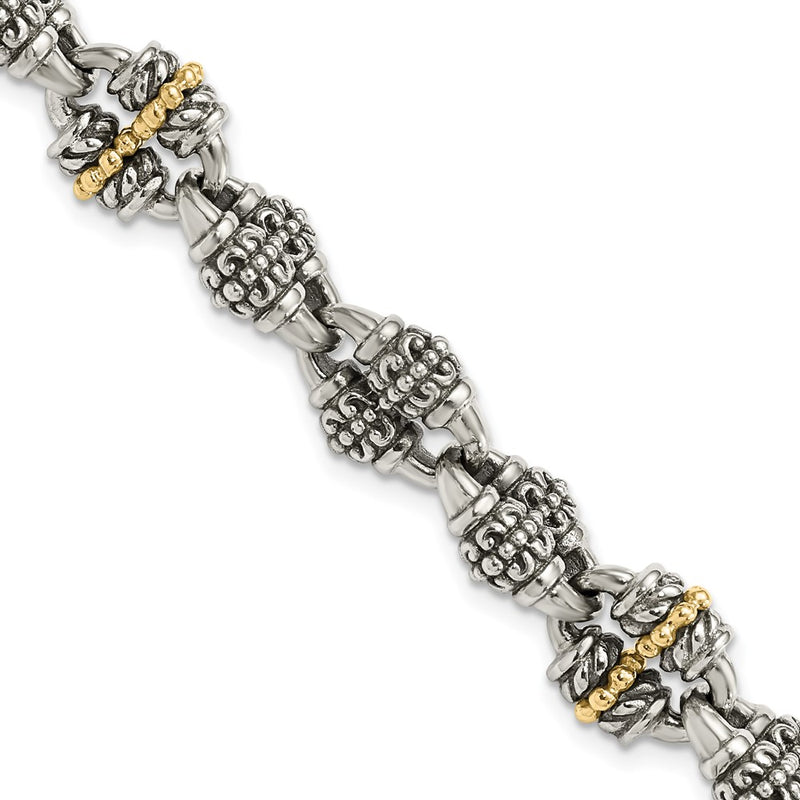 Sterling Silver w/14K/Silver Two-Tone Accent Antiqued Beaded Fancy Link Bracelet