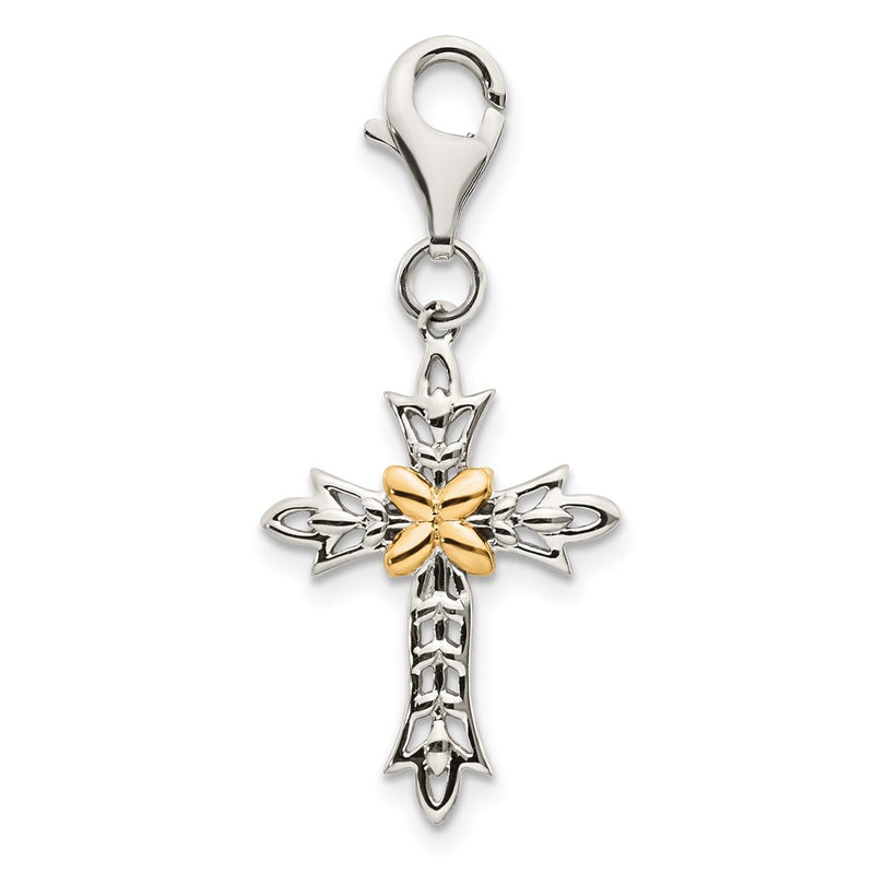14K/Silver Two Tone Shey Couture Sterling Silver With 14K Accent Antiqued 3 D Cross Lobster Clasp Charm