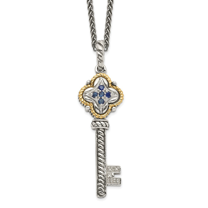 14K/Silver Two Tone Shey Couture Sterling Silver With 14K Accent 18 Inch Antiqued Sapphire And Diamond Key Necklace