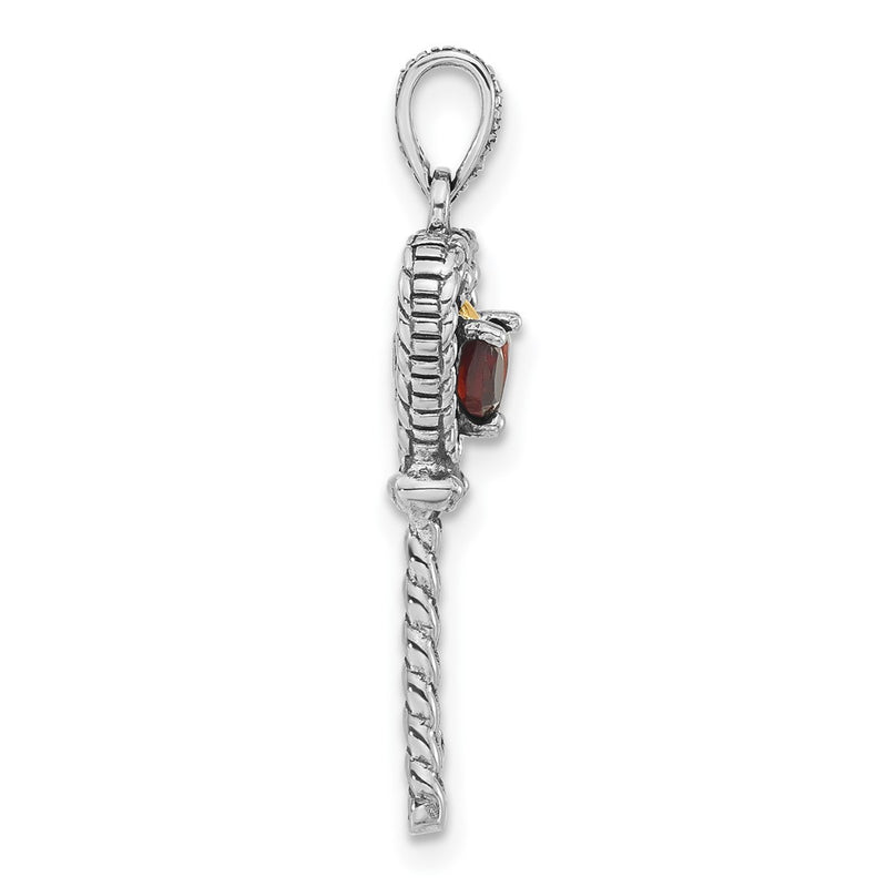 14K/Silver Two Tone Sterling Silver 14K Accent Polished & Antiqued Garnet Key Pendant