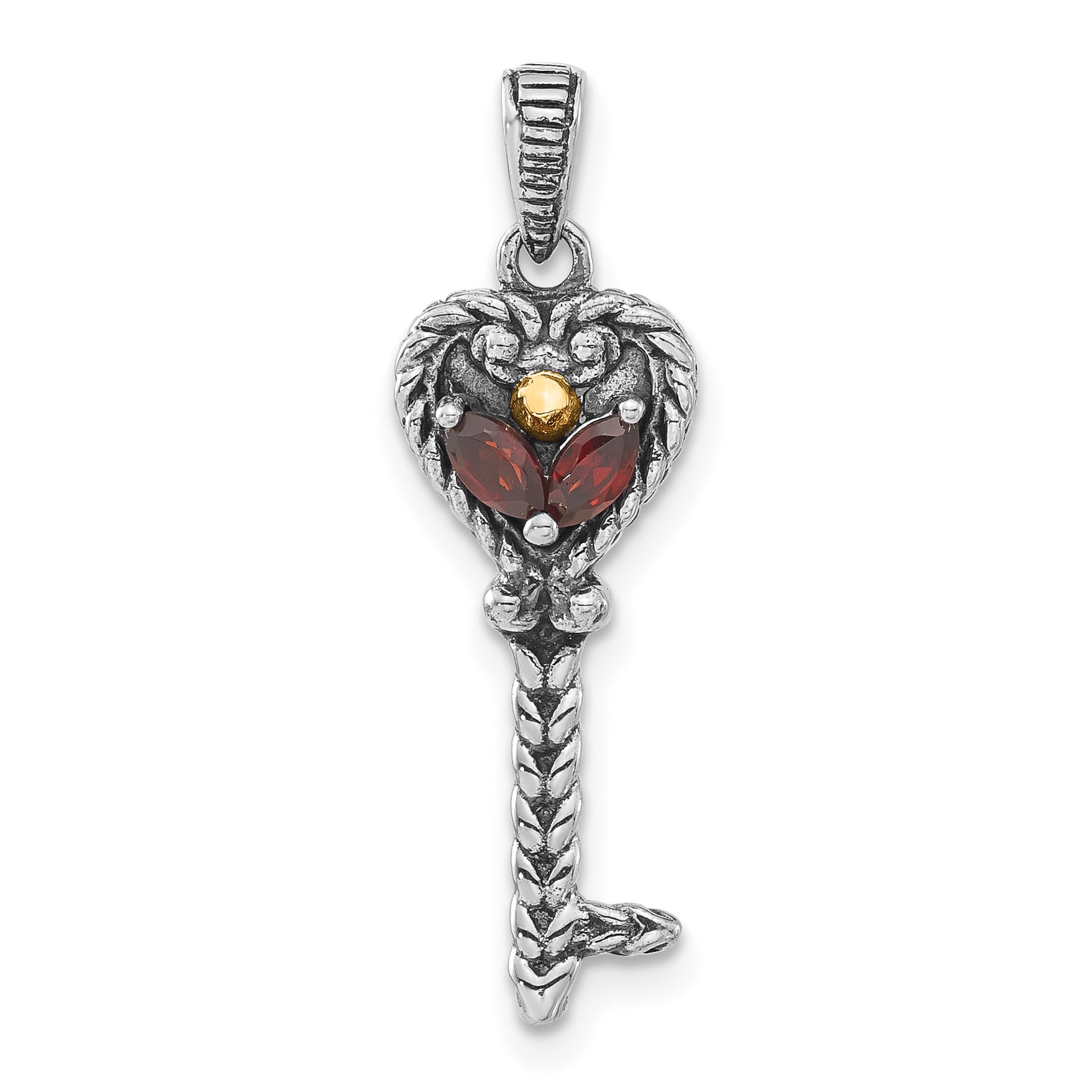 14K/Silver Two Tone Sterling Silver 14K Accent Polished & Antiqued Garnet Key Pendant