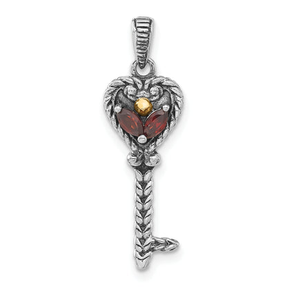 14K/Silver Two Tone Sterling Silver 14K Accent Polished & Antiqued Garnet Key Pendant