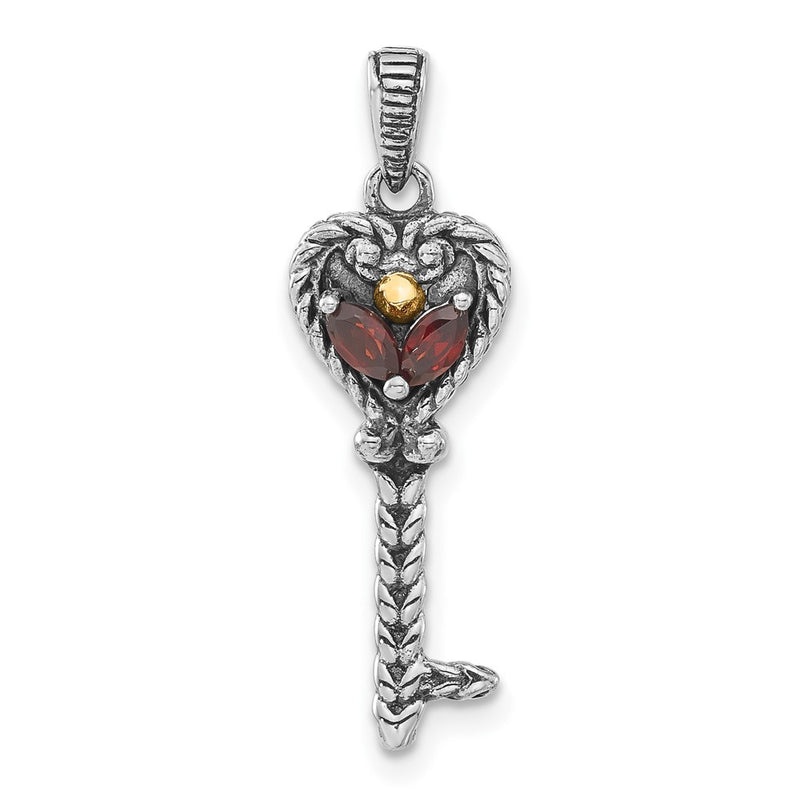 14K/Silver Two Tone Sterling Silver 14K Accent Polished & Antiqued Garnet Key Pendant