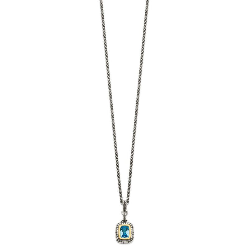 14K/Silver Two Tone Shey Couture Sterling Silver With 14K Accent 18 Inch Antiqued Cushion Bezel Swiss Blue Topaz Necklace