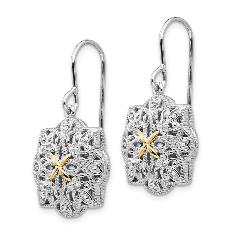 14K/Silver Two Tone Shey Couture Sterling Silver Rhodium Plated With 14K Accent Diamond Shepherd Hook Dangle Vintage Earrings
