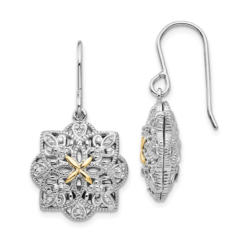 14K/Silver Two Tone Shey Couture Sterling Silver Rhodium Plated With 14K Accent Diamond Shepherd Hook Dangle Vintage Earrings