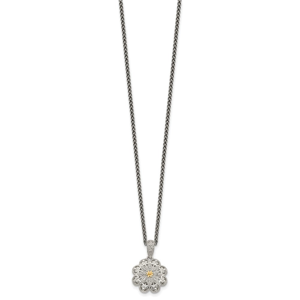 14K/Silver Two Tone Shey Couture Sterling Silver Antiqued With 14K Accent 18 Inch Diamond Vintage Flower Necklace