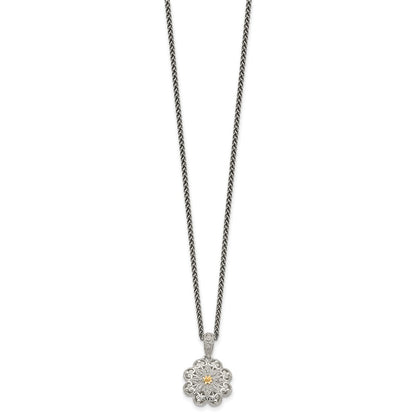 14K/Silver Two Tone Shey Couture Sterling Silver Antiqued With 14K Accent 18 Inch Diamond Vintage Flower Necklace