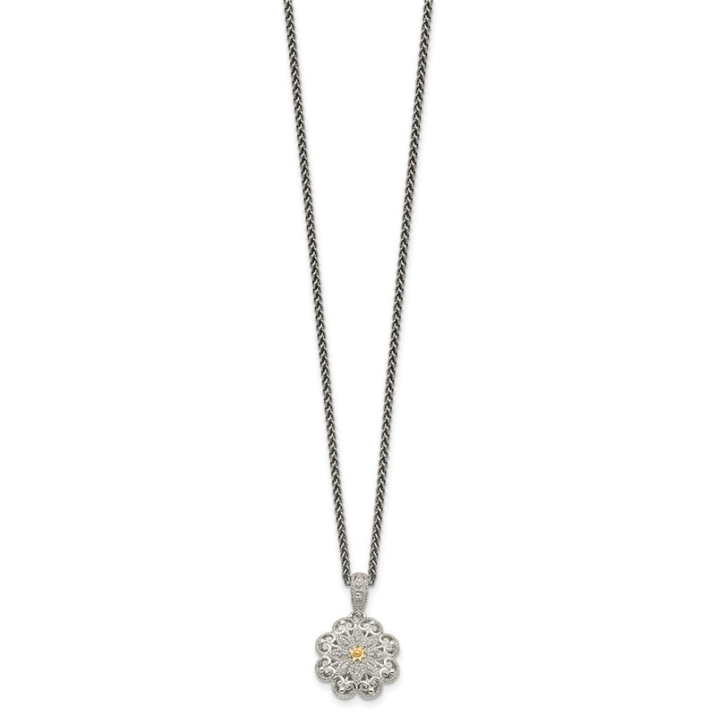 14K/Silver Two Tone Shey Couture Sterling Silver Antiqued With 14K Accent 18 Inch Diamond Vintage Flower Necklace