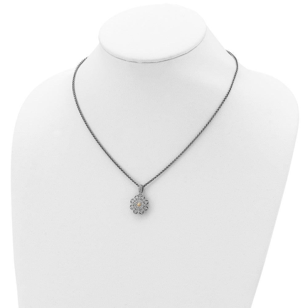 14K/Silver Two Tone Shey Couture Sterling Silver Antiqued With 14K Accent 18 Inch Diamond Vintage Flower Necklace