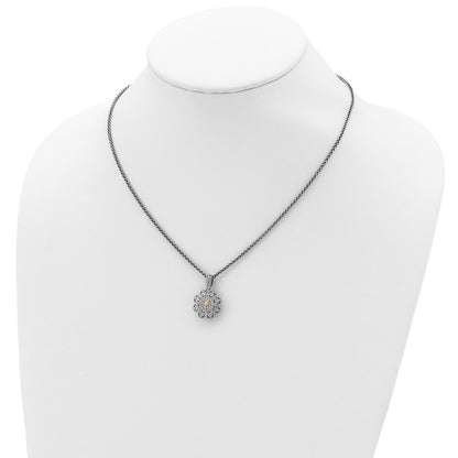 14K/Silver Two Tone Shey Couture Sterling Silver Antiqued With 14K Accent 18 Inch Diamond Vintage Flower Necklace