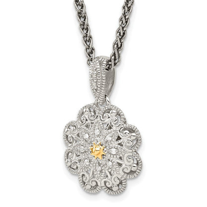 14K/Silver Two Tone Shey Couture Sterling Silver Antiqued With 14K Accent 18 Inch Diamond Vintage Flower Necklace