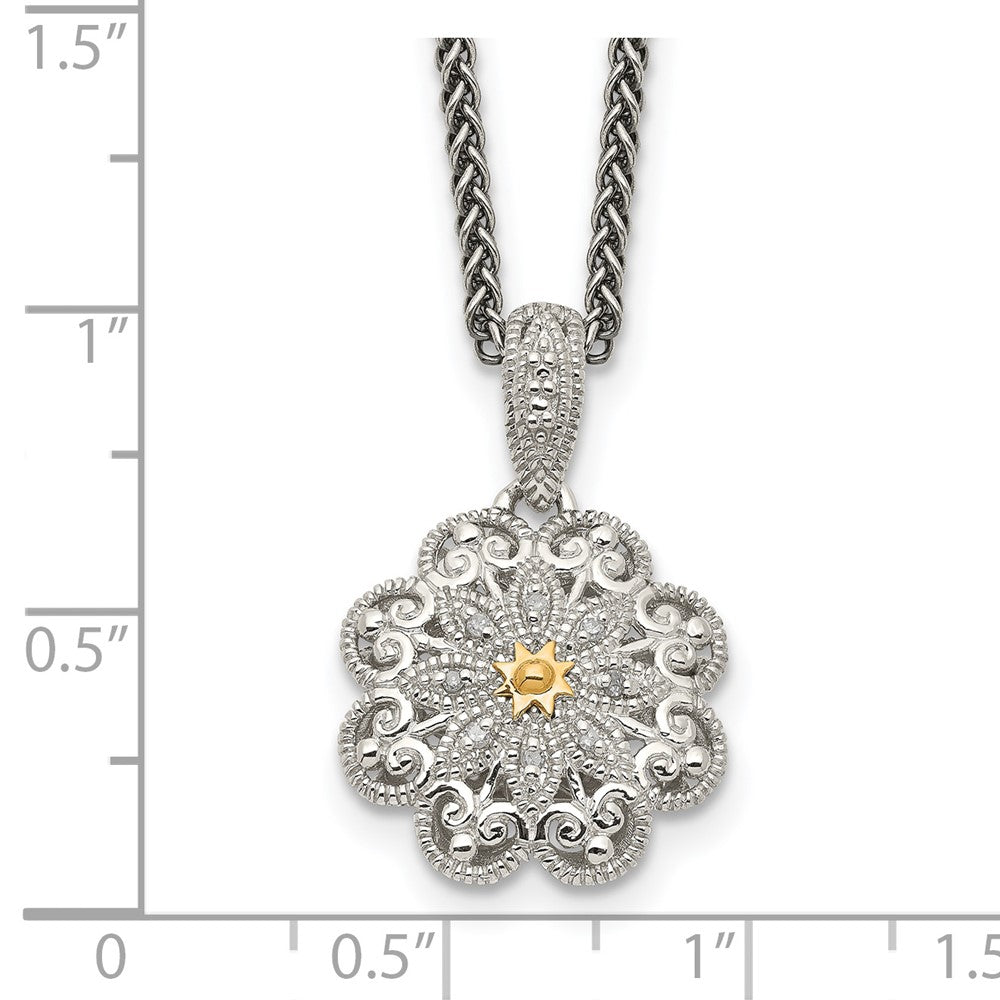 14K/Silver Two Tone Shey Couture Sterling Silver Antiqued With 14K Accent 18 Inch Diamond Vintage Flower Necklace