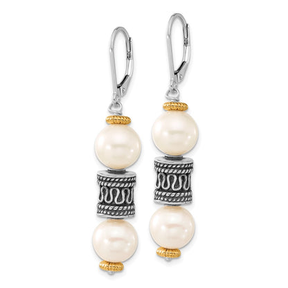 14K/Silver Two Tone Sterling Silver 14Ky Accent Polished & Antiqued Freshwater Cultured Pearl Barrel Leverback Dangle Earrings
