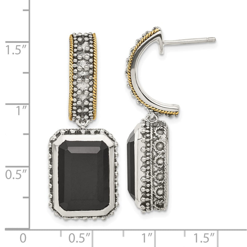 14K/Silver Two Tone Sterling Silver W/ 14K Accent Antiqued Black Onyx Earrings