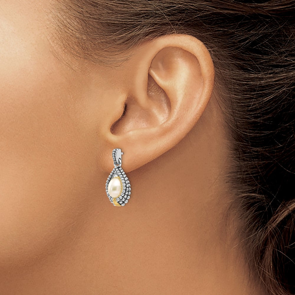 14K/Silver Two Tone Shey Couture Sterling Silver With 14K Accent Antiqued 7X5mm Freshwater Cultured Pearl Post Drop Earrings