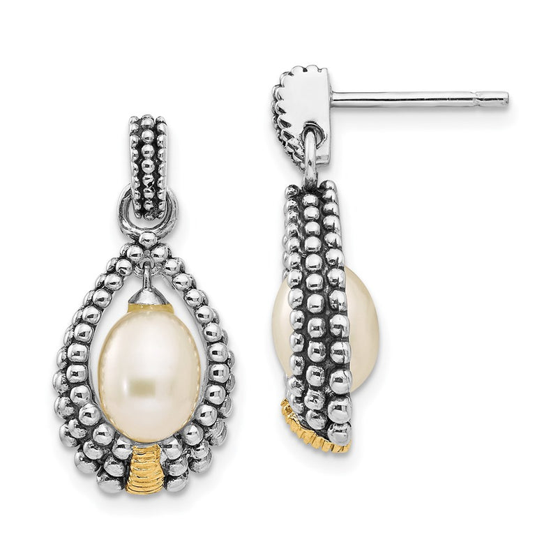 14K/Silver Two Tone Shey Couture Sterling Silver With 14K Accent Antiqued 7X5mm Freshwater Cultured Pearl Post Drop Earrings