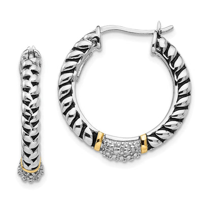 14K/Silver Two Tone Shey Couture Sterling Silver With 14K Accent Antiqued Diamond Hoop Earrings