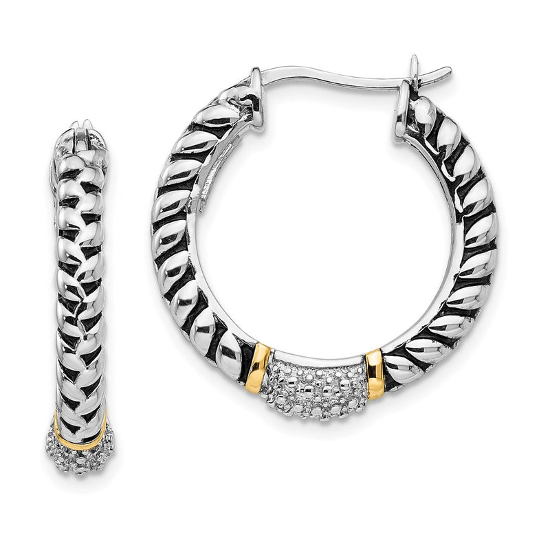14K/Silver Two Tone Shey Couture Sterling Silver With 14K Accent Antiqued Diamond Hoop Earrings