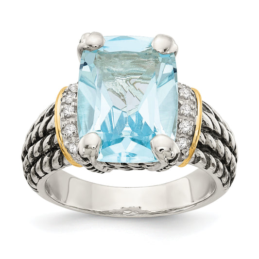 14K/Silver Two Tone Ss 14K True Diamond & 8.10Sky Blue Topaz Ring (Size 6 Only)