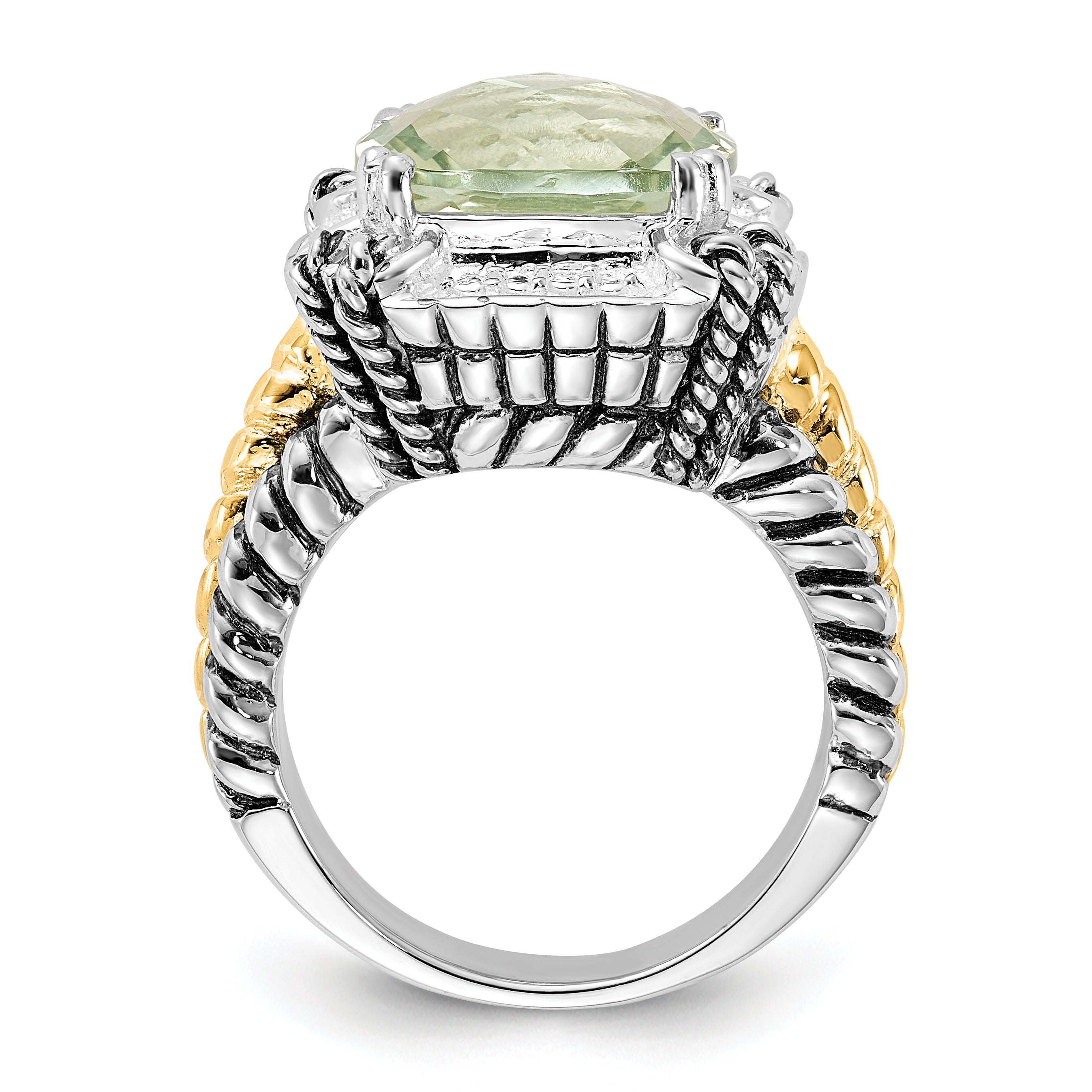 14K/Silver Two Tone Sterling Silver 14K Accent Polished & Antiqued Green Quartz Ring (Size 8 Only)