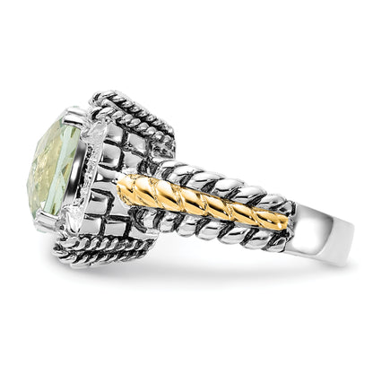 14K/Silver Two Tone Sterling Silver 14K Accent Polished & Antiqued Green Quartz Ring (Size 8 Only)
