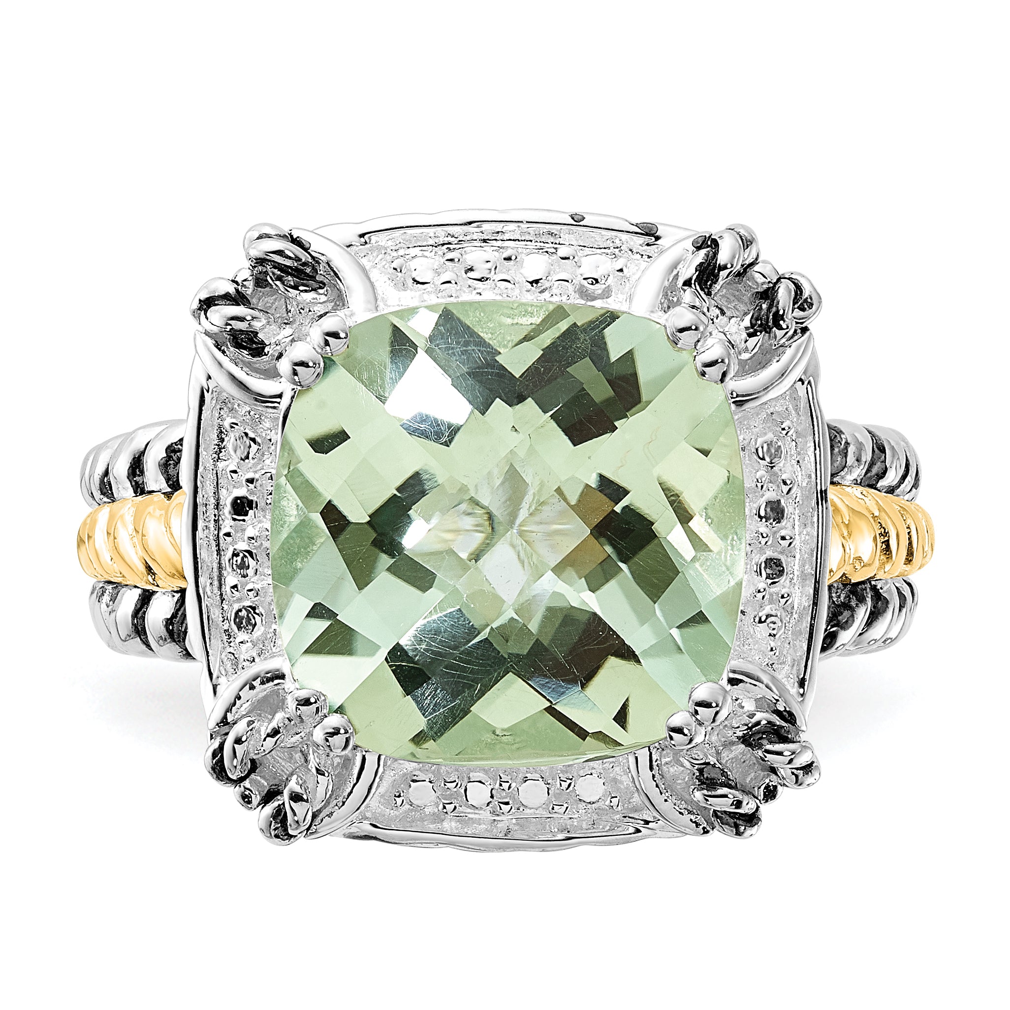 14K/Silver Two Tone Sterling Silver 14K Accent Polished & Antiqued Green Quartz Ring (Size 8 Only)