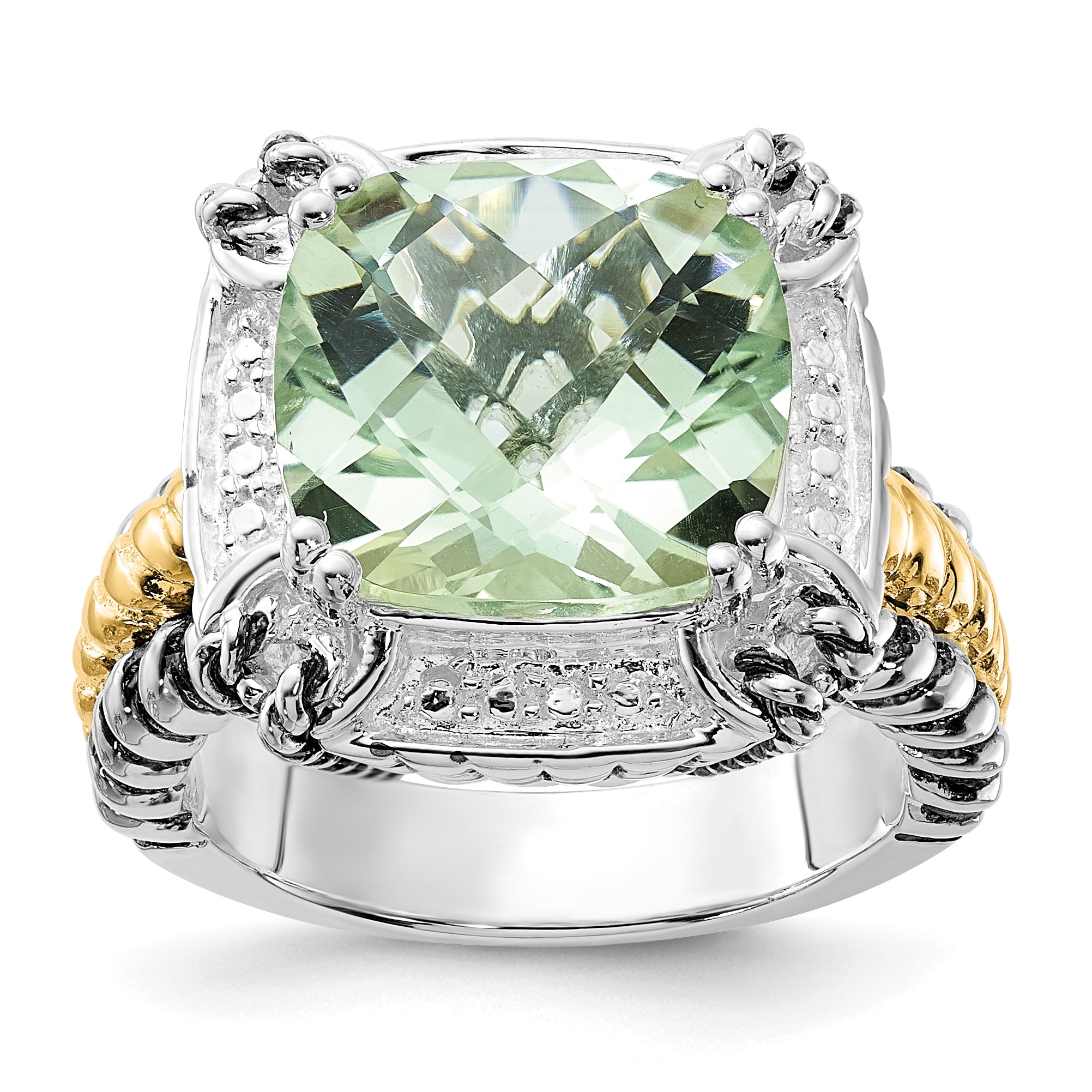 14K/Silver Two Tone Sterling Silver 14K Accent Polished & Antiqued Green Quartz Ring (Size 8 Only)