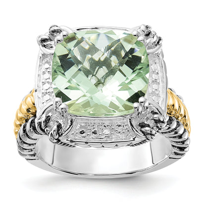 14K/Silver Two Tone Sterling Silver 14K Accent Polished & Antiqued Green Quartz Ring (Size 8 Only)