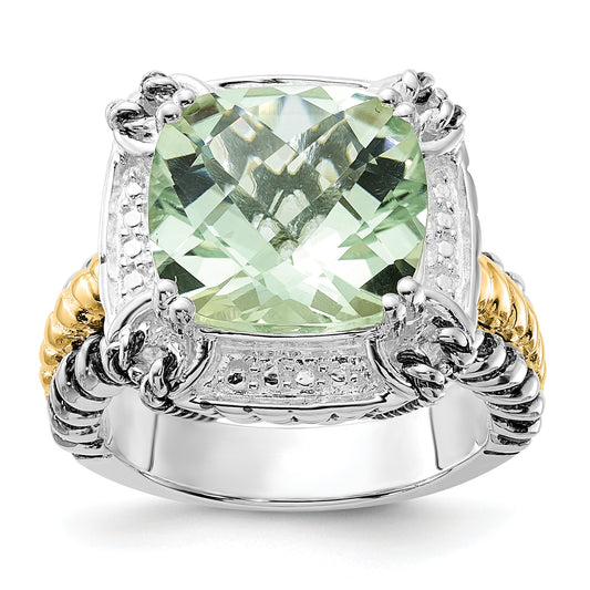 14K/Silver Two Tone Sterling Silver 14K Accent Polished & Antiqued Green Quartz Ring (Size 8 Only)