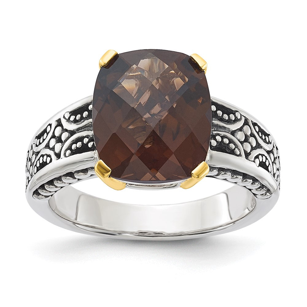14K/Silver Two Tone Sterling Silver 14K Accent Antiqued Smoky Quartz Ring