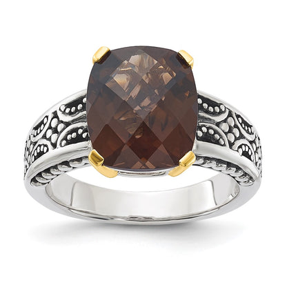 14K/Silver Two Tone Sterling Silver 14K Accent Antiqued Smoky Quartz Ring