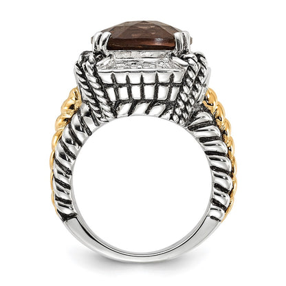 14K/Silver Two Tone Sterling Silver 14K Polished & Antiqued Smoky Quartz Ring (Size 6 Only)