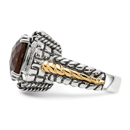 14K/Silver Two Tone Sterling Silver 14K Polished & Antiqued Smoky Quartz Ring (Size 6 Only)