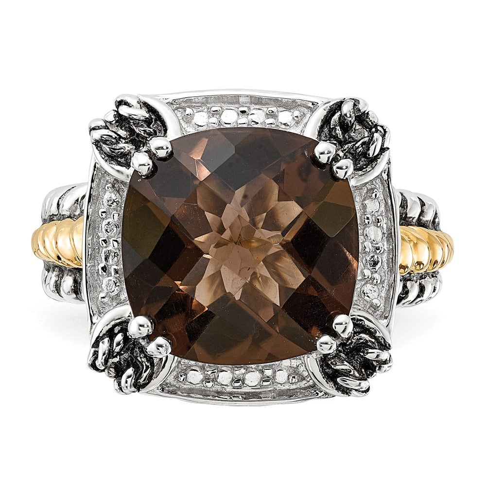 14K/Silver Two Tone Sterling Silver 14K Polished & Antiqued Smoky Quartz Ring (Size 6 Only)